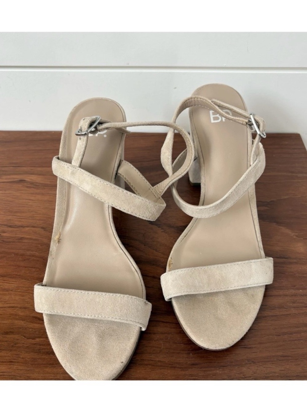BP Nordstrom Faux Suede Block Heel Tan Sandals Sz 7.5 Summer Party Classic Chic - Picture 3 of 8